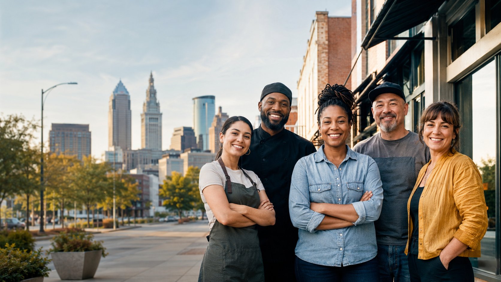 A group of small-business owners pictured together near downtown Cleveland